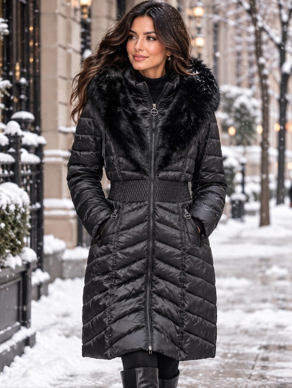 Laundry Shelli Segal womens black quilted faux fur hooded puffer coat Large